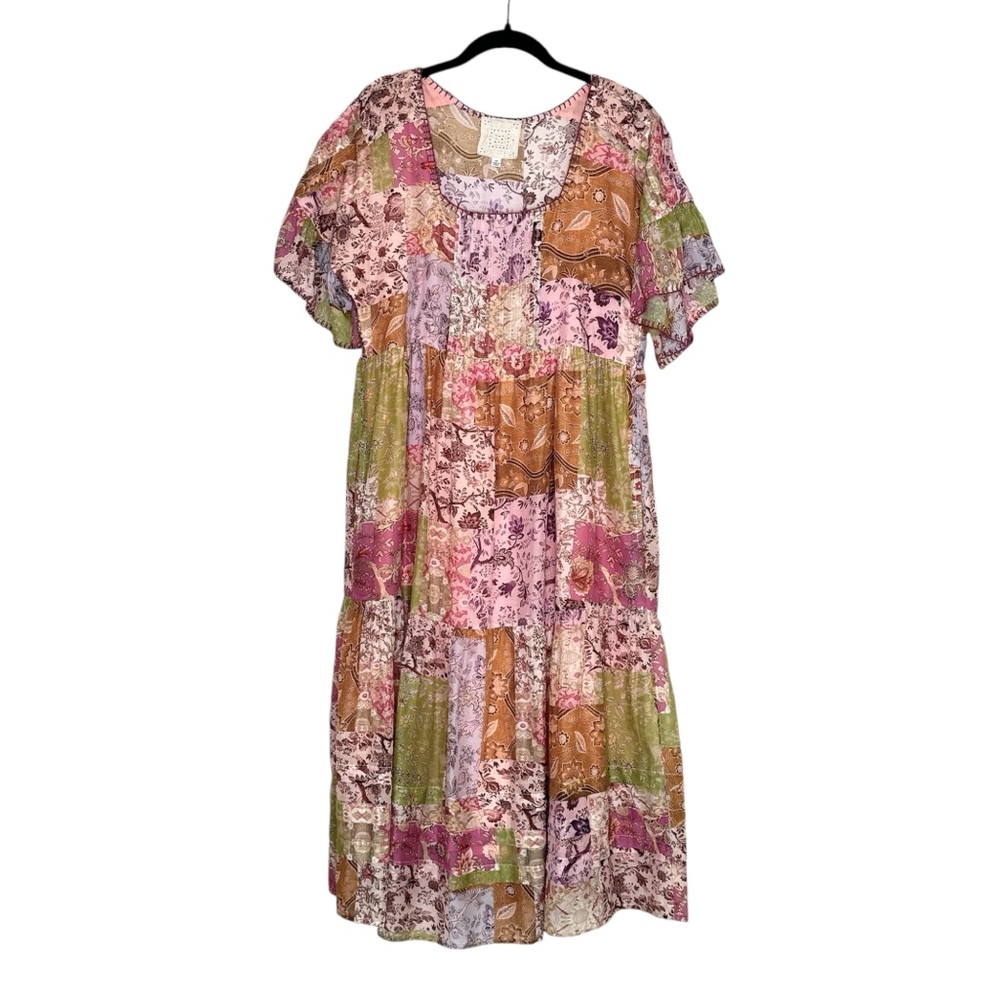 Johnny Was Floral Silk Dress Pink Macy Pastel Patchwork Fairy SZ Extra Small